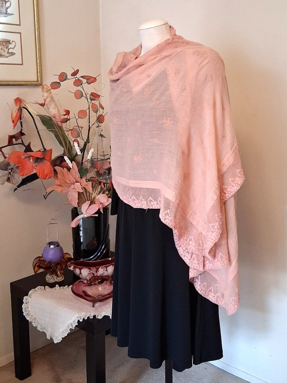 NWOT Noa Noa Vintage 100% Cotton Pink Embroidered Scarf Unique Design VTG Scarfs